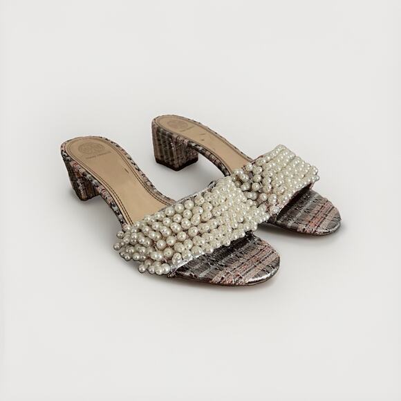 Tory Burch Shoes - Tory Burch TATIANA Beaded PEARL Tweed Slide Sandals lurex Heels US 10
